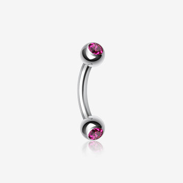Double Gem Ball Curved Barbell Eyebrow Ring-Fuchsia